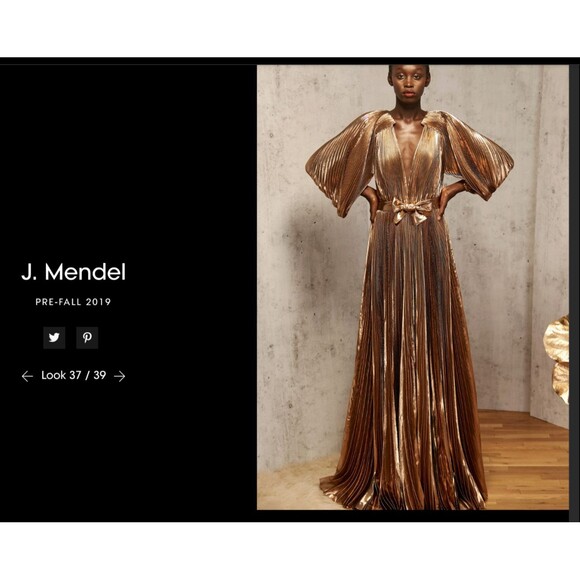 J Mendel Pleated Metallic Gold Silk V-Neck Gown SZ 10 2019 Runway $11,990